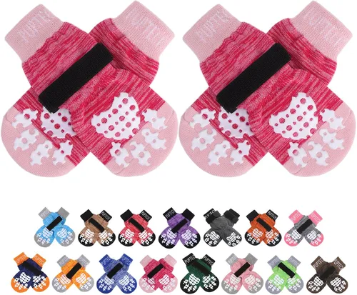 Vista 20 de PUPTECK Calcetines antideslizantes de doble cara para perro con correas ajustables para uso en interiores, 2 pares de calcetines de control