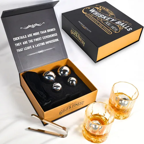 Regalos para hombres, papá, esposo – 4 bolas de hielo de whisky de acero inoxidable (2XL, 2L), pinzas y bolsa para congelador en caja de regalo de