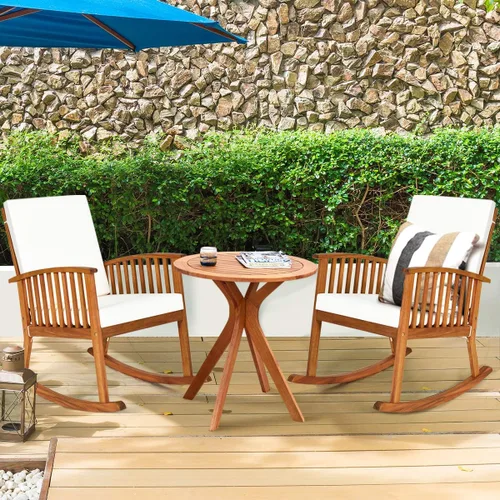 Vista 5 de Tangkula Mesa bistró de madera de eucalipto de 27.5 pulgadas, mesa redonda de madera con base en X, mesa de bistró lateral de café para jardín
