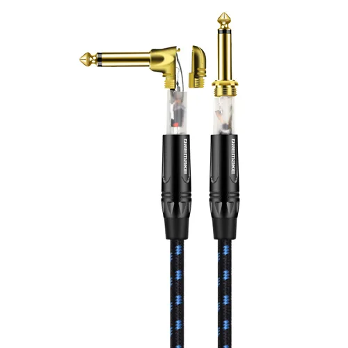 Vista 2 de DREMAKE Cable de 1/4 pulgadas (0.248 in) recto a ángulo recto, cable de conexión trenzado negro/azul de tweed de 1/4 de pulgada a 1/4 de pulgada