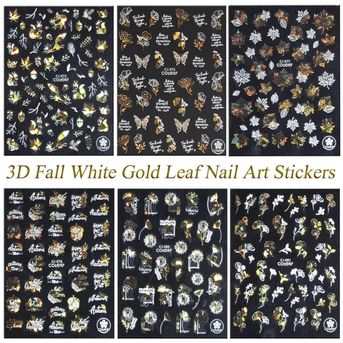 Vista 3 de 6 hojas de calcomanías para uñas de otoño, Acción de Gracias, 3D, autoadhesivas, hojas de arce, suministros de arte de uñas, flores de oro blanco