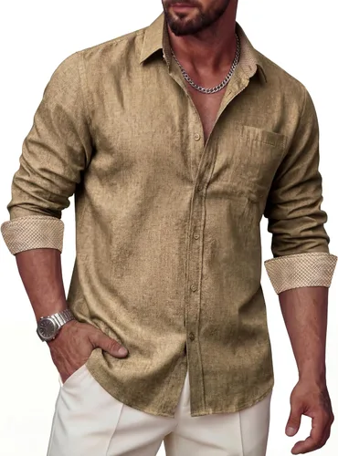 Vista 23 de Camisas de lino para hombre, de manga larga, casual, con botones, ajuste regular, cuello de contraste, con bolsillo Negro azul