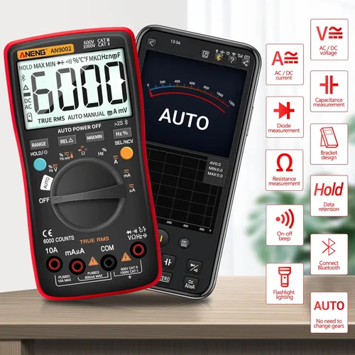 Vista 2 de ANENG - Multímetro digital con Bluetooth, probador auto-rango TRMS 6000 conteos, ohmímetro para voltaje AC/DC, corriente, resistencia, continuidad