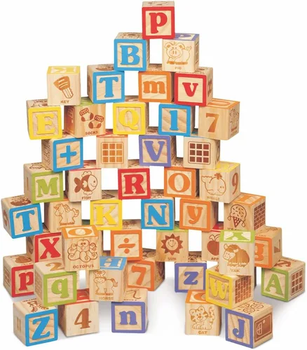 Bloques de madera deluxe de ABC; Letras del alfabeto talladas extragrandes para bebé, set de bloques para contar y construir, Maxim