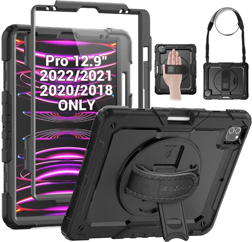 SEYMAC Funda para iPad Pro 12.9 2022/2021/2020/2018, resistente protección a prueba de golpes con protector de pantalla, soporte giratorio de 360°,