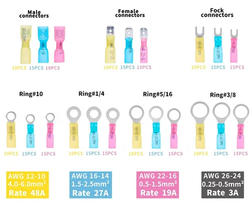 Vista 2 de 280 conectores de alambre termorretráctil, conectores de anillo termorretráctil de grado marino, conectores de cable eléctrico AWG 22-10, conectores