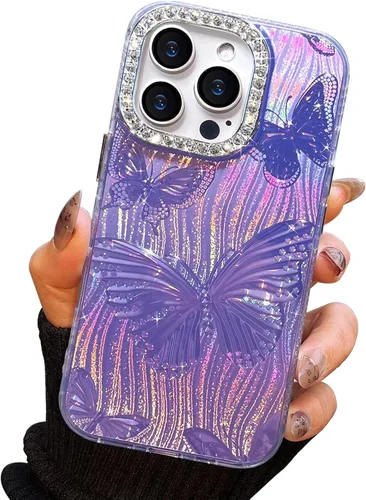 Vista 64 de I-MGAE-IN-AR - Funda compacta para iPhone 16 Pro Max con diseño de mariposa plateada brillante, a la moda, suave, delgada, de poliuretano
