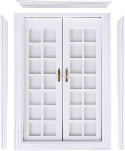 Vista 5 de 1/12 Casa de muñecas Madera Blanca Puertas Francesas Dobles Ventana con Cortina DIY