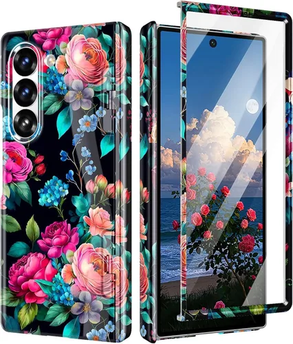 Vista 15 de Btscase Funda para Samsung Galaxy Z Fold 5, protector de pantalla frontal integrado, patrón de mármol dorado con purpurina de policarbonato duro