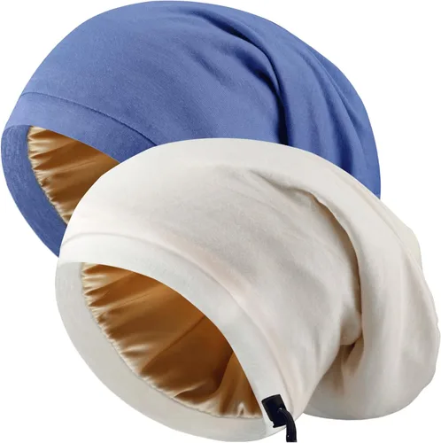 Vista 13 de 2 gorros de seda ajustables para dormir, gorro de dormir con forro de satén para mujeres y hombres, gorro de seda para el cabello holgado.