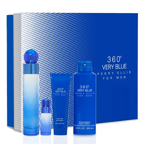 Perry Ellis 360 Very Blue 4 Pieces Gift Set for Men, (3.4 Ounce Eau de Toilette Spray + 6.8 Ounce Body Spray + 3.0 Ounce Shower Gel + 0.25 Ounce Eau