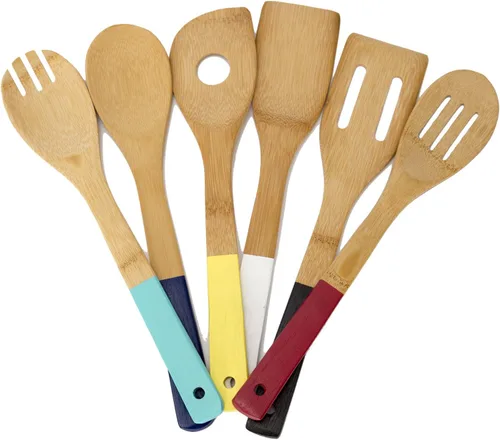 Vista 3 de Home Basics Juego de utensilios de cocina de bambú con asas de color, 6 piezas, 2.5 x 12 x .25 pulgadas