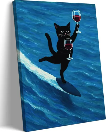 Divertido arte de pared de gato negro con impresión de lienzo de copa de vino, decoración de carrito de bar, pósteres modernos de animales