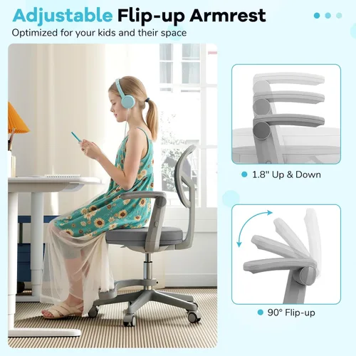 Vista 12 de GLACER Silla de escritorio para niños, silla de estudio giratoria de malla ajustable con ruedas, brazos, silla ergonómica para computadora con Verde