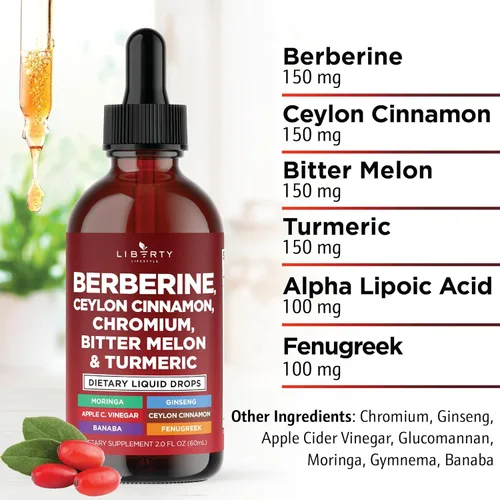 Vista 3 de Berberina con Suplemento de Canela de Ceilán en Gotas Líquidas + Extracto de Melón Amargo, Glucomanano, Gymnema, Cromo, Cúrcuma, Panax Ginseng