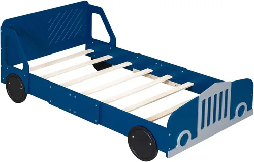 Vista 130 de Cama de plataforma en forma de auto de carreras de tamaño individual con ruedas, marco de cama de plataforma de madera con dos asientos y soporte