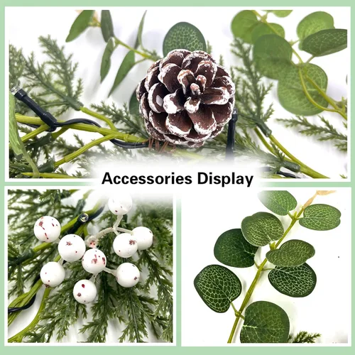 Vista 2 de Guirnalda de Navidad de 6 pies con 20 luces LED, guirnalda de abeto artificial preiluminada con piña de eucalipto y bayas, funciona