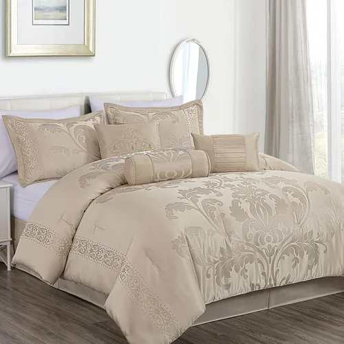 Vista 12 de Chezmoi Collection Juego de edredón floral jacquard de 7 piezas (Queen, azul marino/dorado)