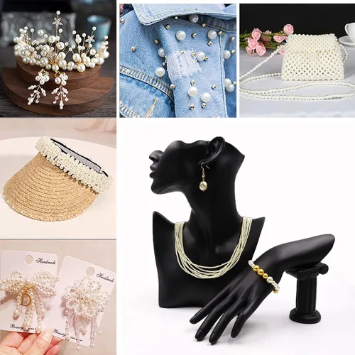 Vista 5 de Cuentas de perlas blancas de tamaño mixto, cuentas acrílicas con agujero, cuentas redondas artificiales, perlas de imitación sueltas para hacer