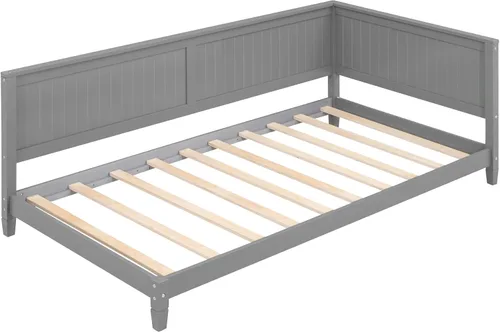 Vista 115 de Sofá cama de tamaño individual con 2 cajones y barandilla rústica, cama de plataforma capitán de madera con soporte de listones resistente, sofá