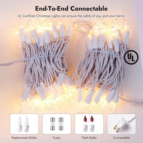 Vista 4 de Dirnun Luces de Navidad de color blanco transparente, 100 unidades, luz incandescente, certificación UL, luces conectables para árbol de Navidad