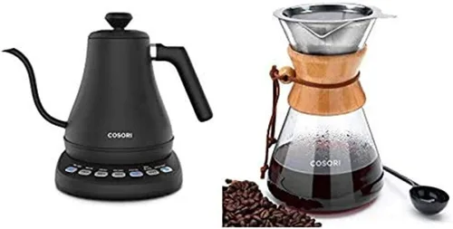 COSORI - Hervidor eléctrico de cuello de cisne con 5 ajustes preestablecidos variables, cafetera de vidrio de 8 tazas y cafetera con filtro de acero