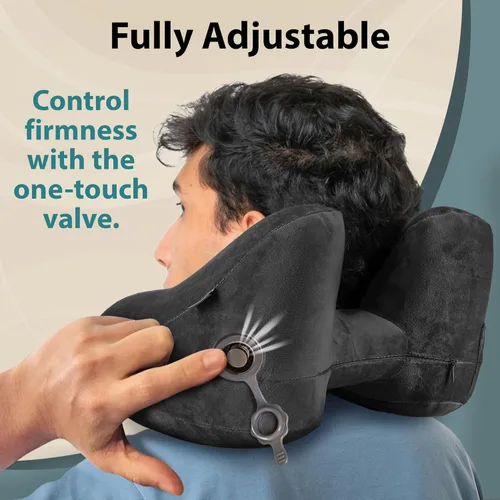 Vista 3 de FLOWZOOM Almohada inflable para el cuello para viajar en avión, almohada de avión con capucha en forma de H con 5 modos de repetición, inflado
