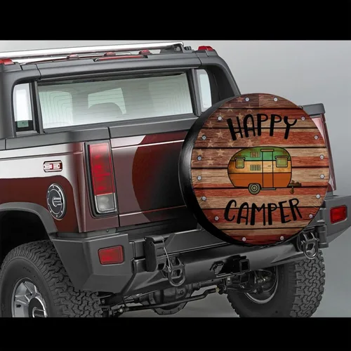 Vista 2 de Cubierta de rueda de repuesto para neumáticos de RV SUV cubierta de neumático de repuesto Camping Happy Camper Remolque Camión Remolque Universal se