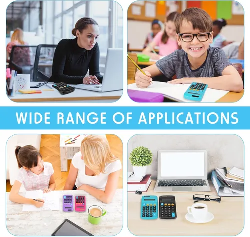 Vista 7 de Paquete de 12 mini calculadoras básicas de tamaño de bolsillo para estudiantes, pantalla de 8 dígitos, batería solar de doble potencia, escritorio