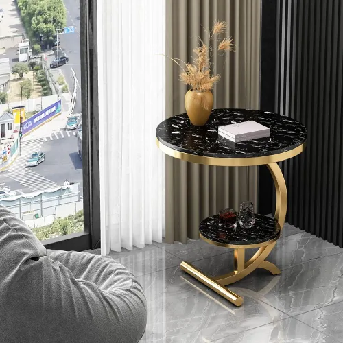 Vista 3 de BINZHI Sofá de mármol de lujo Mesa auxiliar Mesa de esquina Sala de estar Sofá Mesita de noche Mesa de centro redonda pequeña (negro)