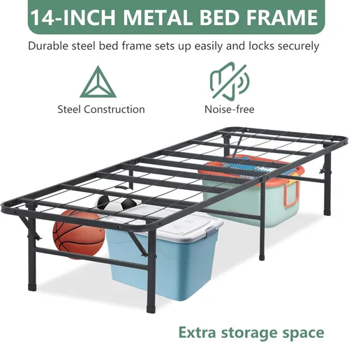 Vista 6 de PayLessHere Marco de cama plegable de metal de 14 pulgadas, plataforma de listones de acero resistente, base de cama, base de colchón, repuesto