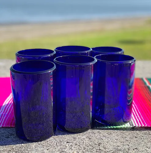 Vista 2 de Vasos mexicanos soplados a mano, juego de 6 vasos de agua de cobalto (14 onzas cada uno)