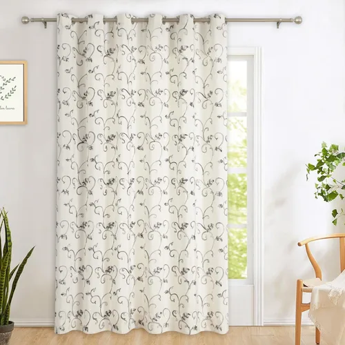 Vista 34 de Vogol - Cortinas de 2 paneles con ramas bordadas de lino sintético con ojales, cortinas para dormitorio y sala de estar, cortinas de ventana