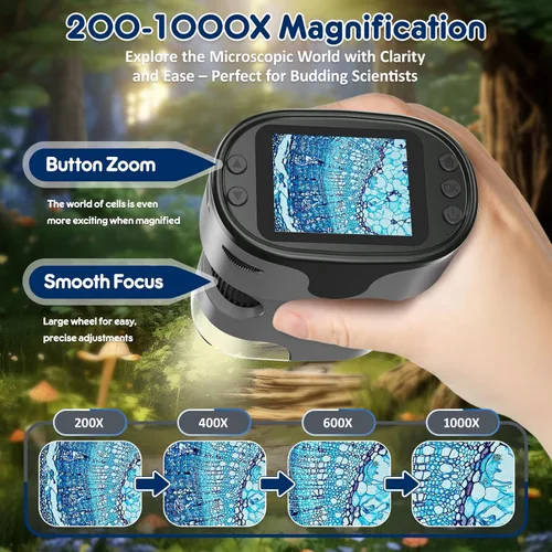 Vista 2 de Microscopio de mano 1000X para niños, pantalla 4K de 2.0 pulgadas, mini microscopios digitales de bolsillo recargables, kit de portaobjetos, regalo