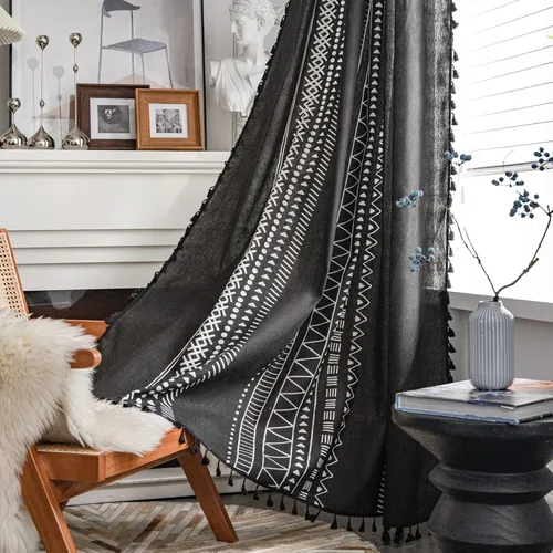 ColorBird - Cortinas geométricas semiopacas para ventana, 2 paneles, estilo bohemio, de algodón y lino, para oscurecimiento, cortinas con borlas y