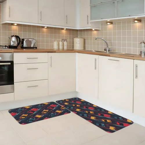 Vista 2 de Antifatigue Kitchen Mats for Floor 2 Piece - Retro Color Racing Car Print Kitchen Rugs Washable, Non Slip Runner Rug Standing Mat for