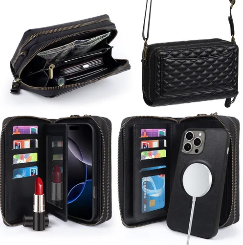 Harryshell Funda compatible con iPhone 13 Pro Max de 6.7 pulgadas 2021, con múltiples cremalleras, funda magnética desmontable con ranuras para Negro