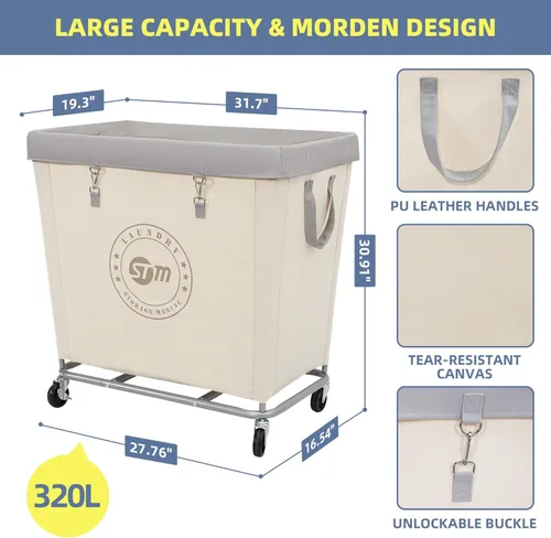 Vista 2 de STORAGE MANIAC Cesto de lavandería comercial con marco de acero resistente, carro de cesta de lavandería industrial de 320 L con ruedas para hotel