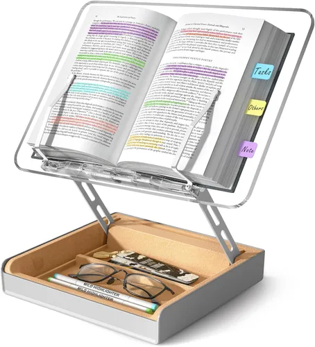 Soporte para libros con almacenamiento, soporte para libros para lectura con manos libres, soporte de madera para libros de cocina para encimera de