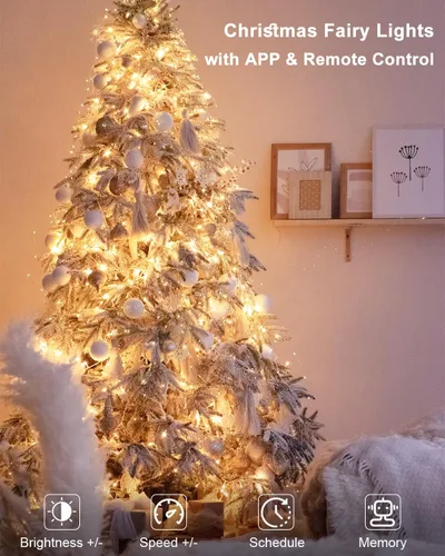 Vista 5 de Luces de Hadas Inteligentes Paquete de 2 Total 66 Pies 200 Luces LED de Cadena Parpadeantes con Control Remoto y APP, Luces de Árbol de Navidad USB