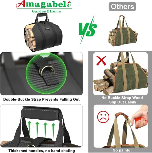 Vista 6 de Amagabeli - Bolsa de transporte de leña encerada, bolsa de transporte resistente para chimenea de leña grande con asas para camping, soporte