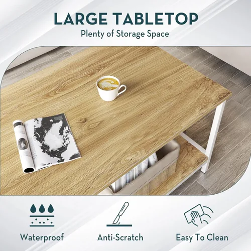 Vista 6 de SAYGOER Mesa de centro con almacenamiento de 2 niveles, mesa central industrial para sala de estar, mesa de madera rectangular para espacios Beige