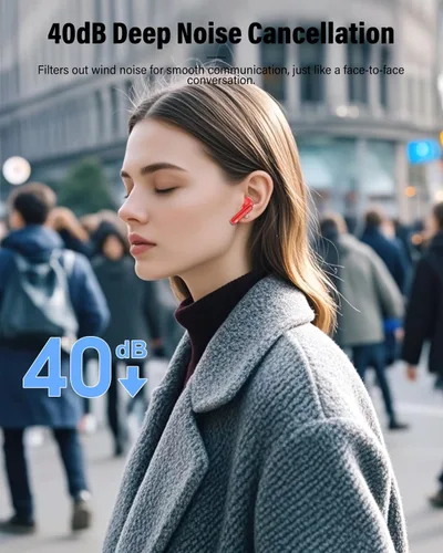Vista 3 de Auriculares inalámbricos, Bluetooth 5.4, estéreo de bajos, auriculares con micrófono con cancelación de ruido, pantalla LED en el oído, llamadas Rojo