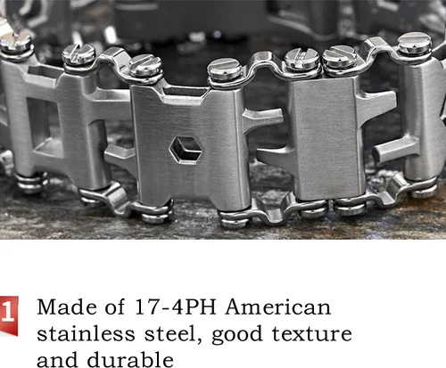 Vista 4 de Pulsera de herramientas de acero inoxidable ONELANKS para hombres, compatible con LEATHERMAN TREAD y correa de reloj, 29 en 1, pulsera multifunción