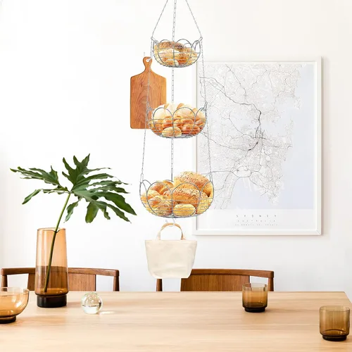 Vista 2 de Simple Houseware - Cesta colgante moderna para frutas de 3 niveles, cromado