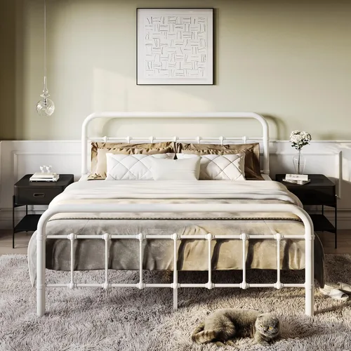 Vista 8 de SHA CERLIN Base de cama de tamaño matrimonial con cabecera y estribo de estilo vintage, base de colchón resistente, no necesita somier, fácil Negro