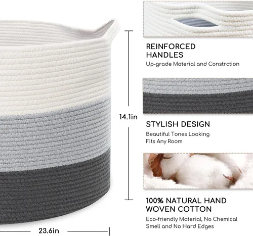 Vista 2 de MXMHOME Cesta grande de cuerda de algodón Almacenamiento de manta para almohadas en la sala de estar, cesta de lavandería tejida para bebé con asa