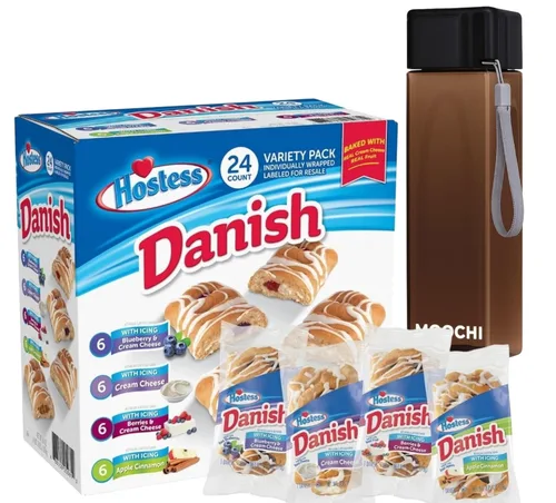 Paquete variado de aperitivos de pastelería danesa con botella de agua reutilizable, 24 pasteles envueltos individualmente, paquete personalizado