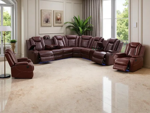 Vista 36 de Juego de sofá de cuero transpirable con puerto USB, 5 sofás seccionales reclinables en forma de L y 2 sillas, juego de sofá seccional reclinable