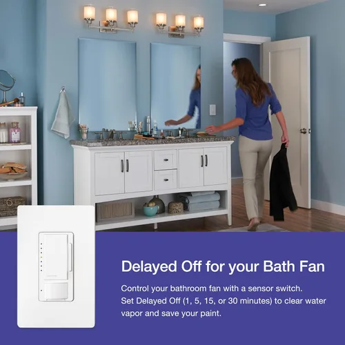 Vista 8 de Lutron Maestro Interruptor LED+ con sensor de movimiento/atenuador con placa de pared 150W LED Un polo/múltiples ubicaciones MSWCL-OP153M-WH